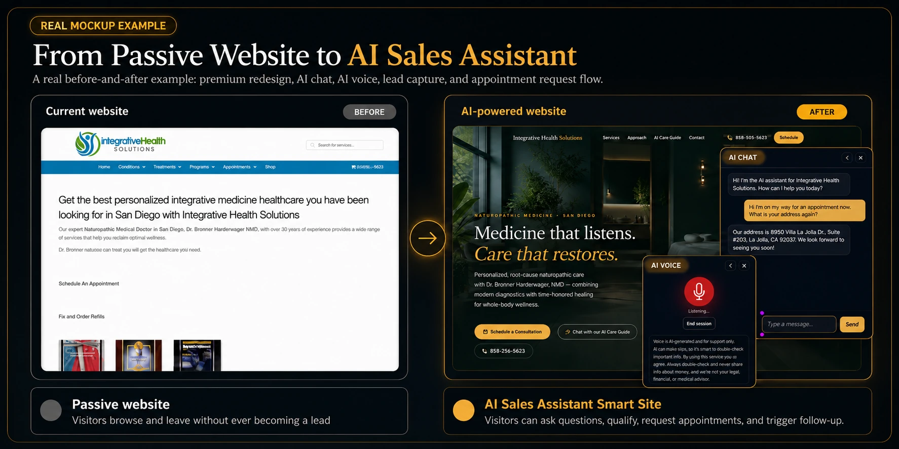 Real before and after example of a passive website transformed into an AI-powered sales employee with AI chat and voice